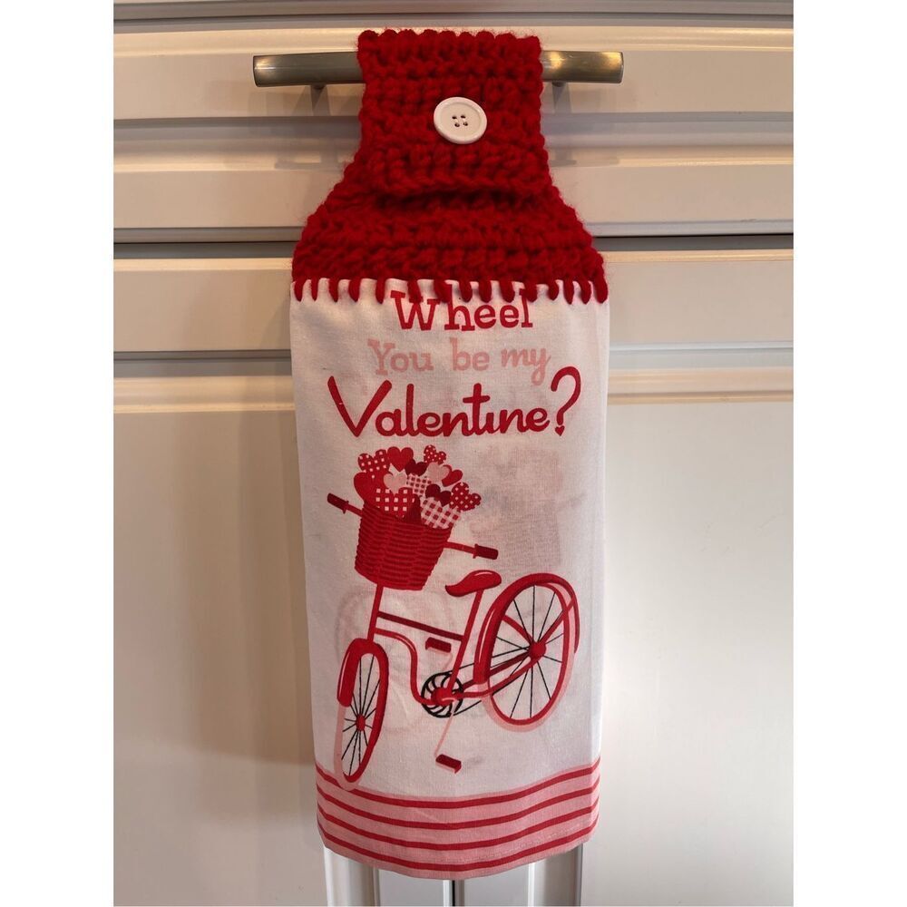 Crochet Top Kitchen Towel- Wheel You Be My Valentine/Bicycle